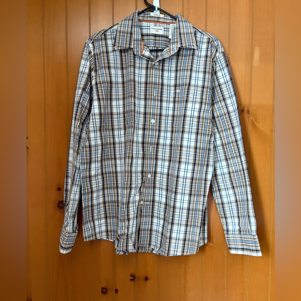 Dockers Button Down  Shirt Long Sleeve Casual Plaid Classic Fit Mens Large brown